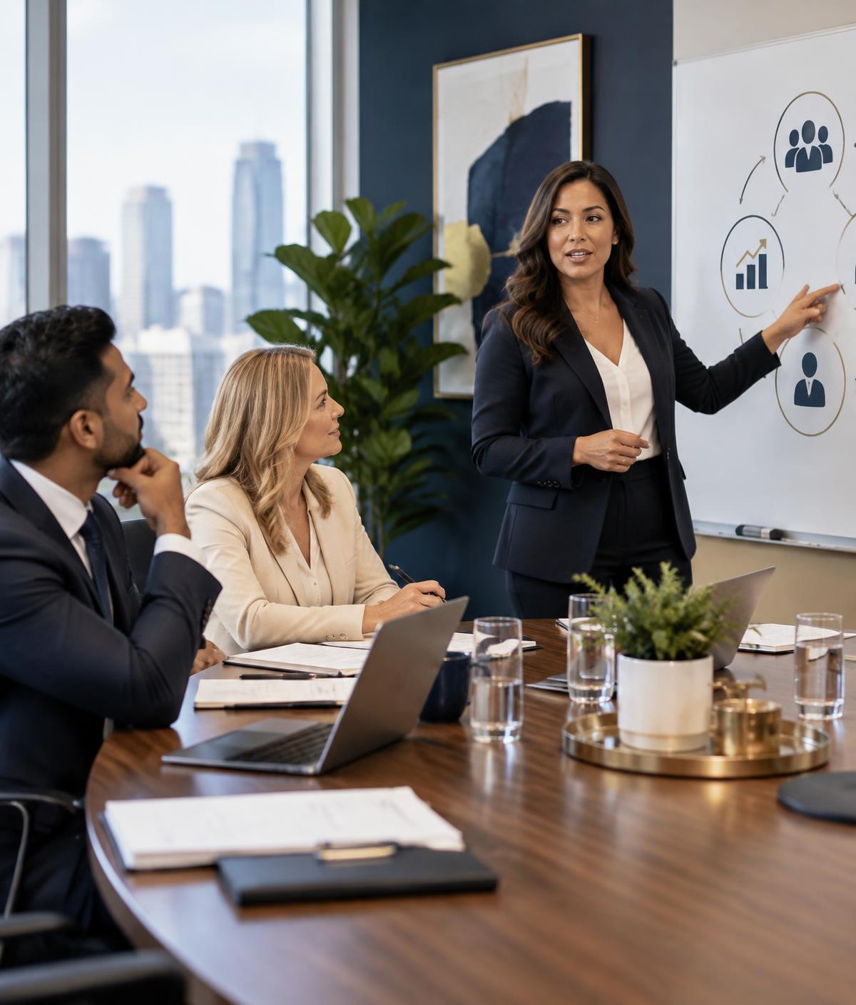 Diverse leadership team reviewing talent strategy in a boardroom