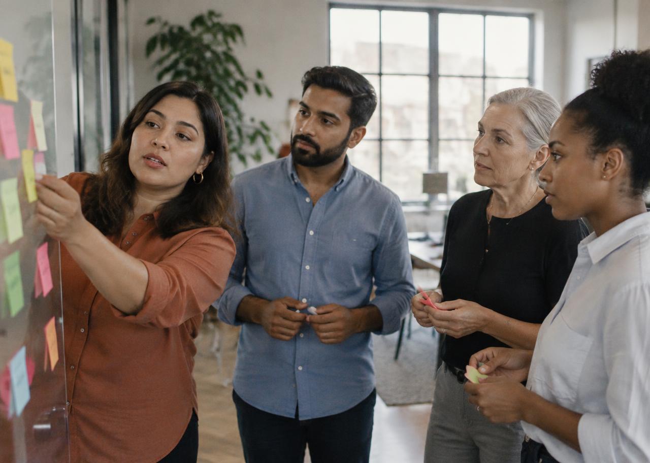 Diverse professionals mapping out career moves on a glass wall